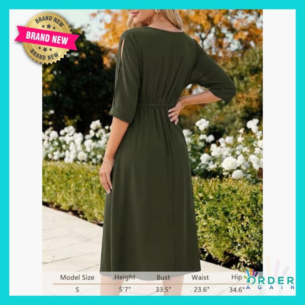 V-Neck Batwing Sleeve Midi Dress Flowy A-Line Casual Elegant Summer Vacation - Picture 5 of 7